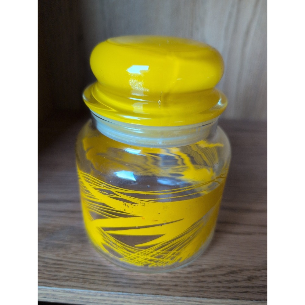 Vintage Storage Jar Clear Glass with Yellow Wheat Design & Bubble Lid 5.5" Tall